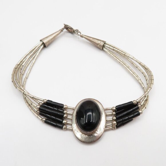 Vintage Native American Ella Peters Black Onyx Liquid Sterling  Silver Bracelet - Picture 1 of 9